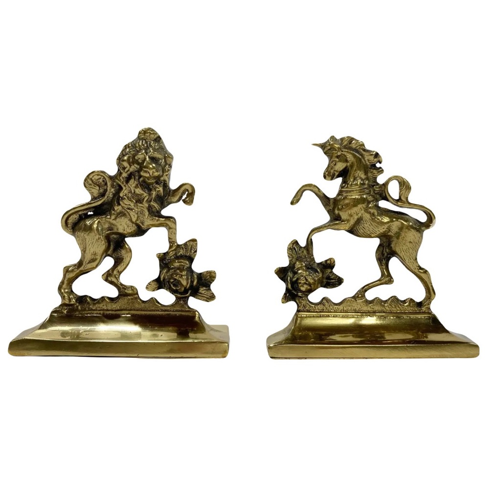 Rare Find!  Vintage Victorian Solid Brass Lion & Unicorn Bookends.
